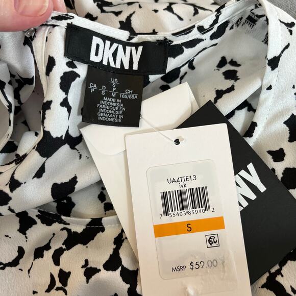 DKNY Black White Printed Ruched Sleeve Crewneck Relaxed Fit Blouse Top Small NWT - Picture 5 of 13